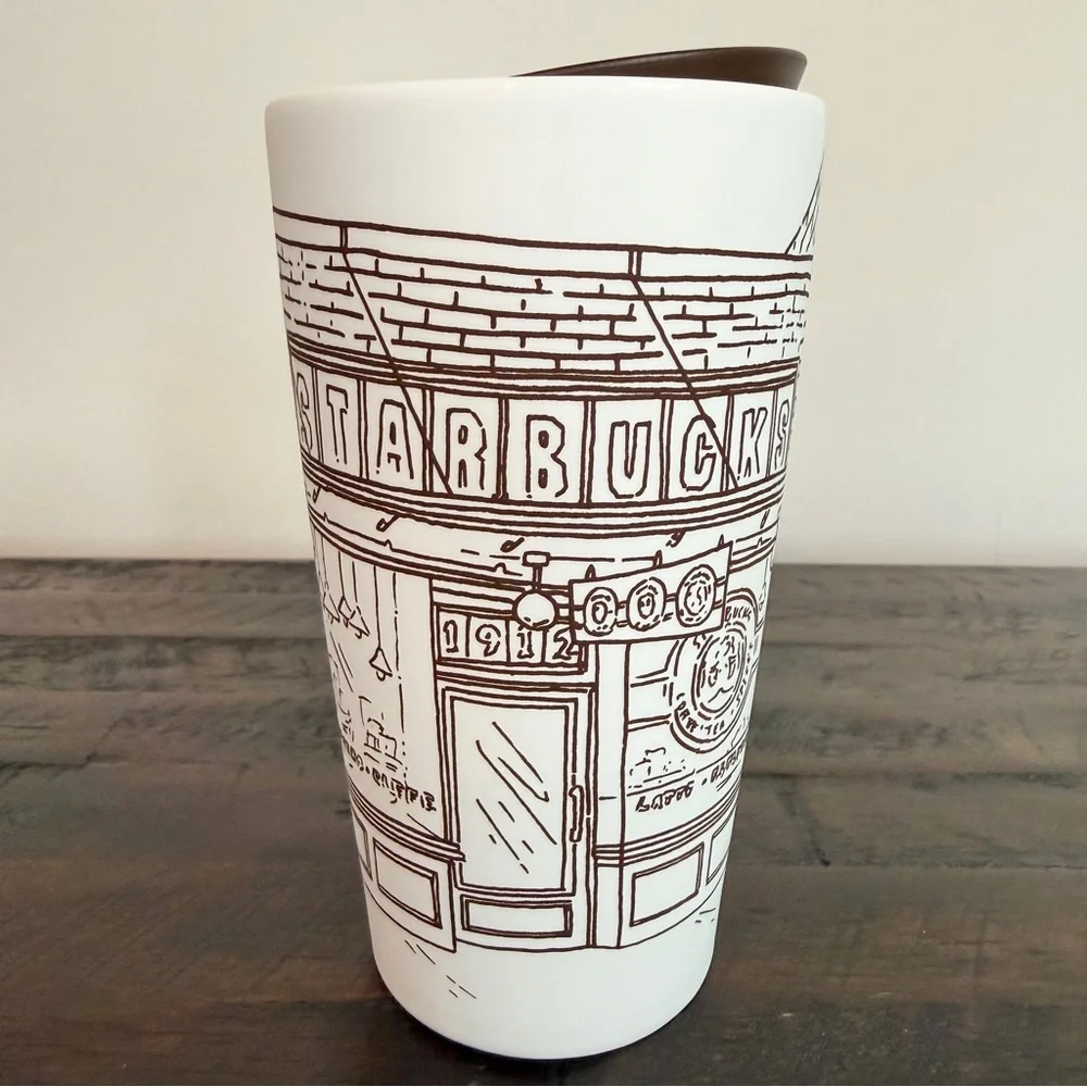 Starbucks Pike Place First Store Storefront White Ceramic Travel Tumbler 12 F Oz